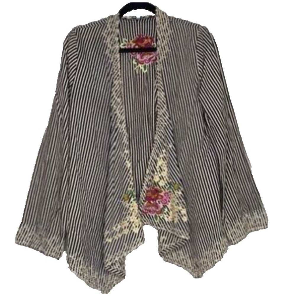 Nostalgia Striped Tunic Top Sz Large Floral All Over Embroidery‎ Boho Peasant